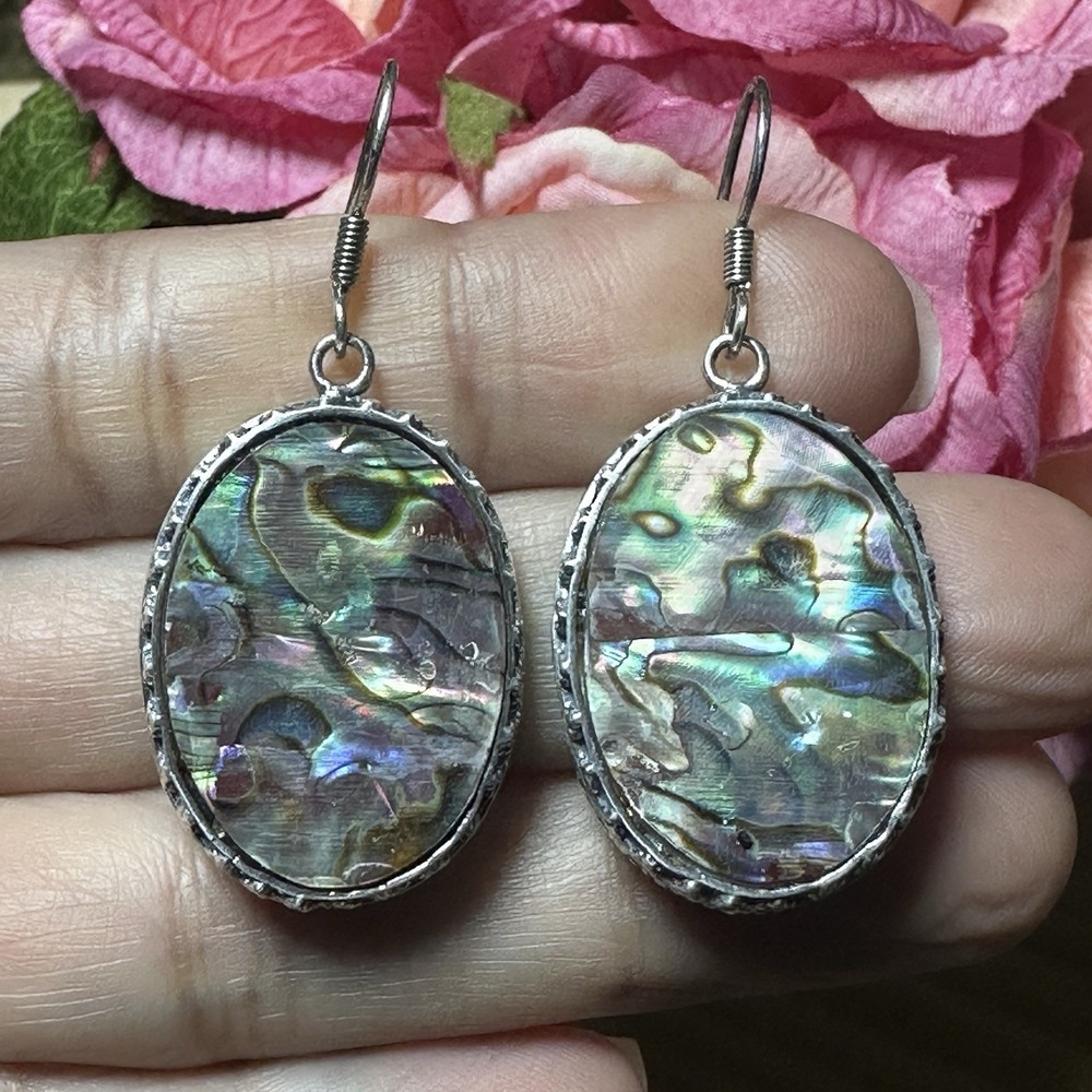 Hook Earrings 1.75 Inch Abalone‎ Shell Oval Ornate Frame Boho 925 Sterling 11.4g